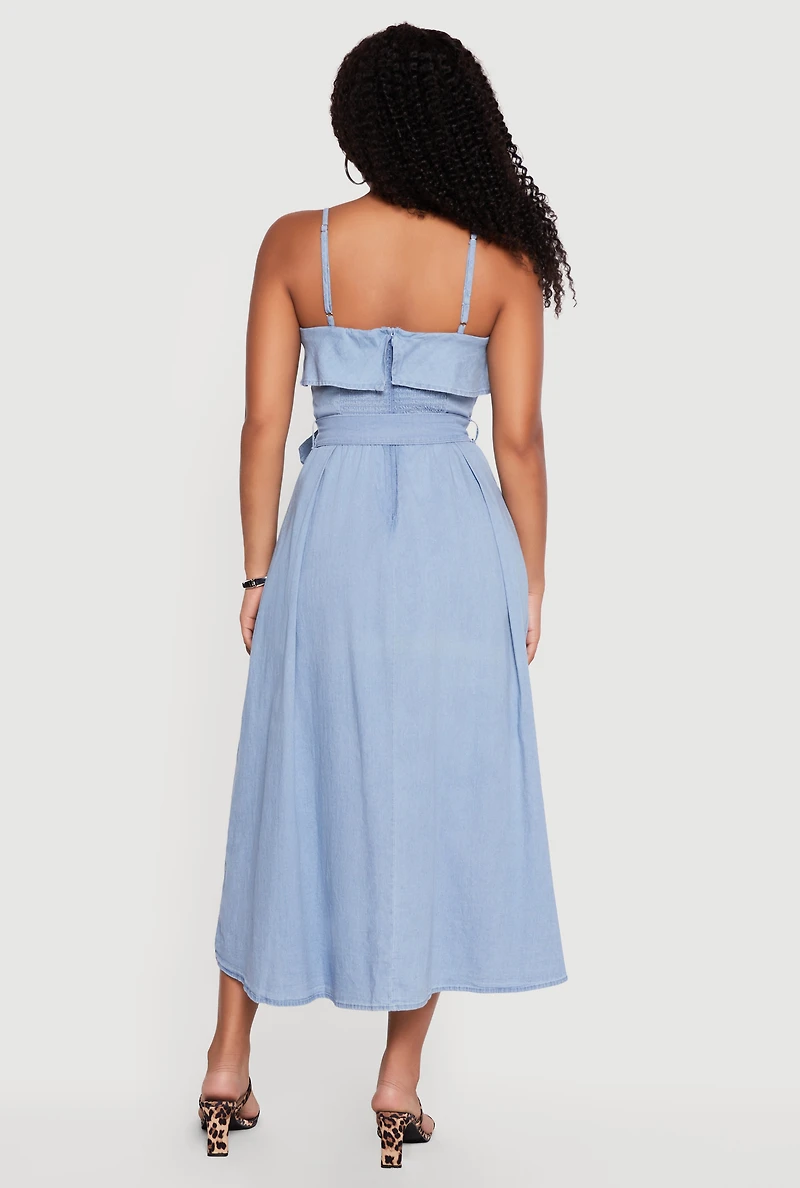 Chambray Sleeveless Maxi Dress with Buckle Belt