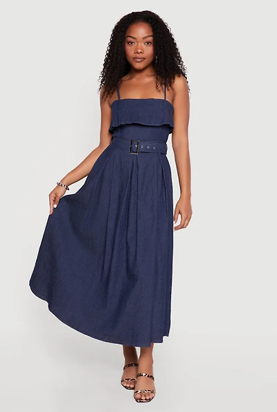Chambray Sleeveless Maxi Dress with Buckle Belt