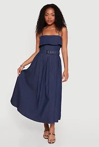 Chambray Sleeveless Maxi Dress with Buckle Belt