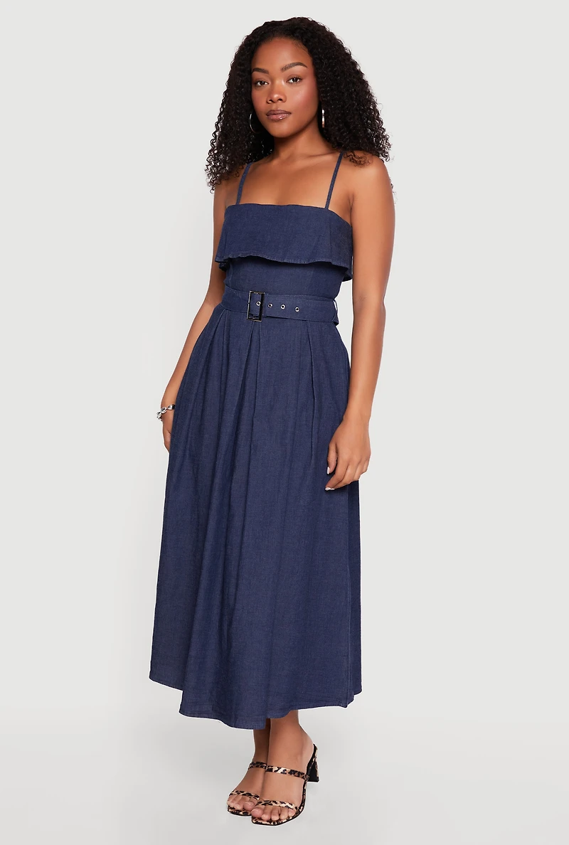 Chambray Sleeveless Maxi Dress with Buckle Belt