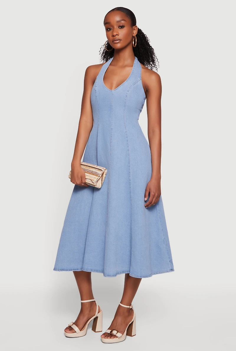Denim Tie Back Midi Halter Dress
