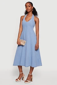 Denim Tie Back Midi Halter Dress