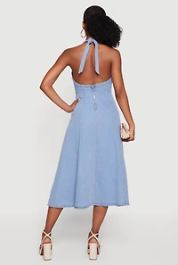Denim Tie Back Midi Halter Dress