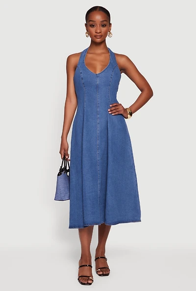 Denim Tie Back Midi Halter Dress