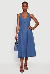 Denim Tie Back Midi Halter Dress