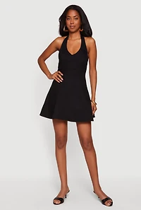 Zip Back Denim Halter Mini Dress