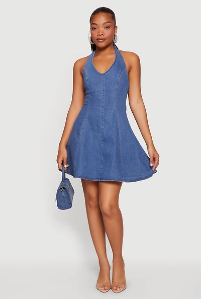 Zip Back Denim Halter Mini Dress