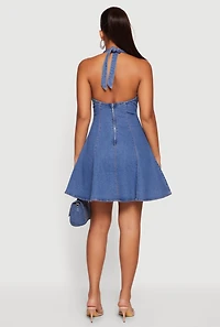 Zip Back Denim Halter Mini Dress