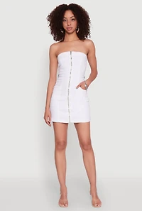 Womens Denim Zip Front Mini Tube Dress, Blue,