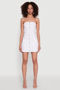 Womens Denim Zip Front Mini Tube Dress, Blue,