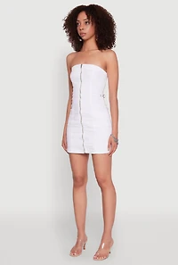 Womens Denim Zip Front Mini Tube Dress, White, Size S