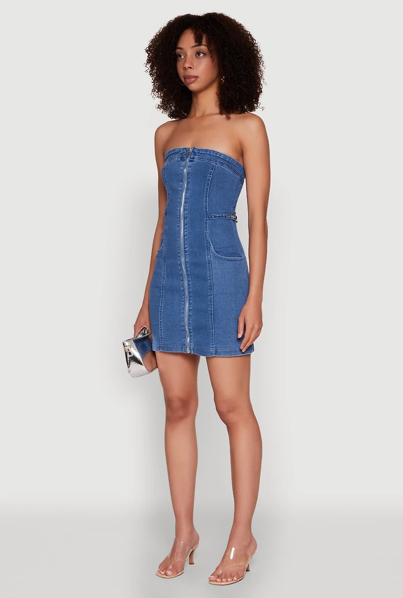 Womens Denim Zip Front Mini Tube Dress, Blue, Size S