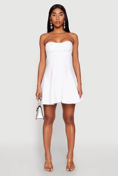 Womens Iris Denim Bustier Skater Dress, White, Size M