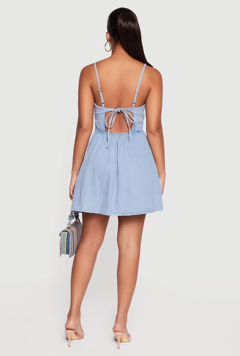 Open Tie Back Sweetheart Denim Dress