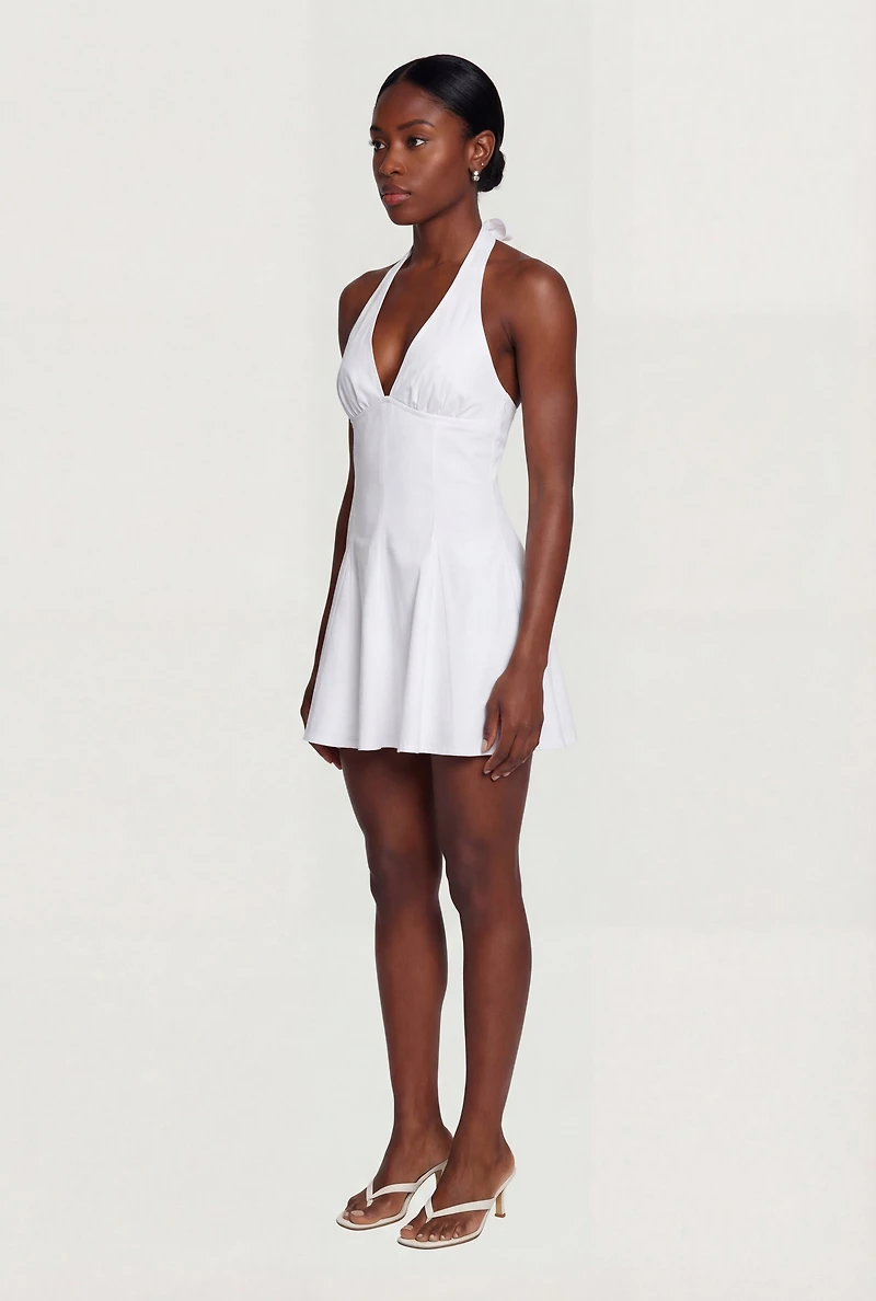 Denim Plunge Halter Mini Dress