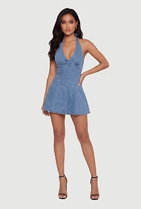 Denim Plunge Halter Mini Dress