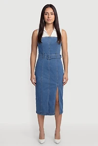 Layered Look Slit Front Belted Denim Dress