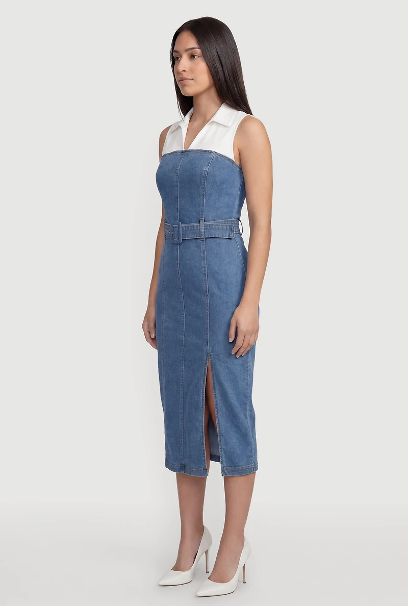 Layered Look Slit Front Belted Denim Dress