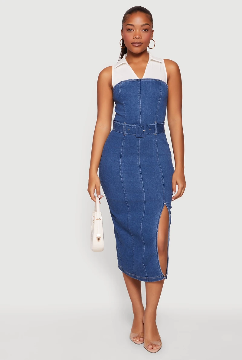 Layered Look Slit Front Belted Denim Dress