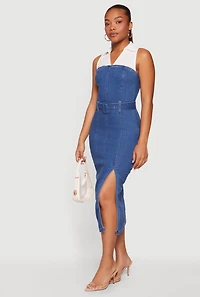 Layered Look Slit Front Belted Denim Dress