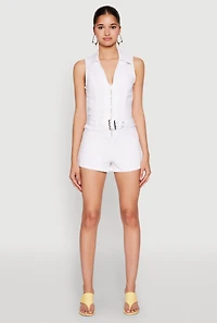 Womens Iris Sleeveless Zip Up Belted Denim Romper, White, Size M