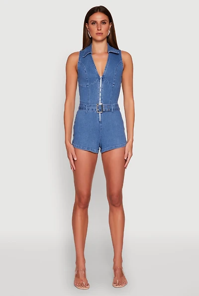 Womens Iris Sleeveless Zip Up Belted Denim Romper, Blue, Size M