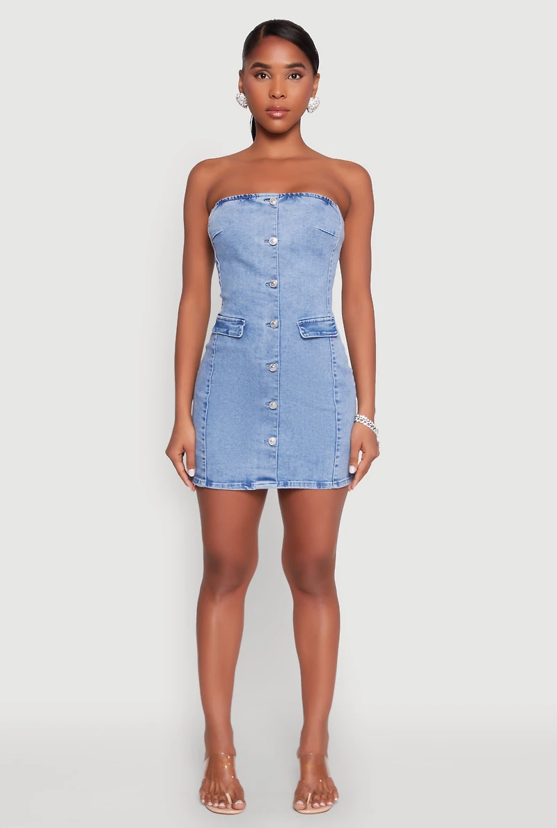 Denim Button Front Strapless Bodycon Dress