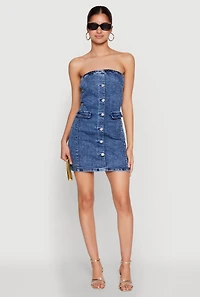Denim Button Front Strapless Bodycon Dress
