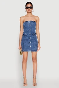 Womens WAX Denim Button Detail Tube Dress, Blue,