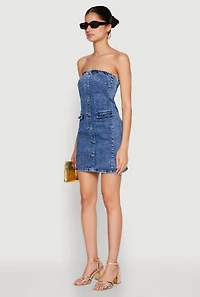 Womens WAX Denim Button Detail Tube Dress, Blue,