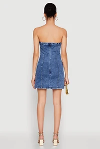 Womens WAX Denim Button Detail Tube Dress, Blue,