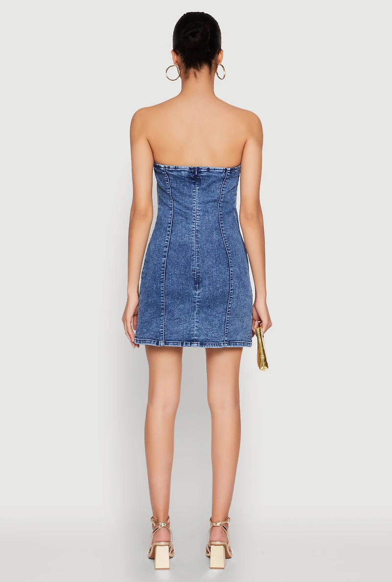 Womens WAX Denim Button Detail Tube Dress, Blue,