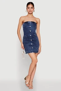 Denim Button Front Strapless Bodycon Dress