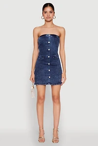 Denim Button Front Strapless Bodycon Dress