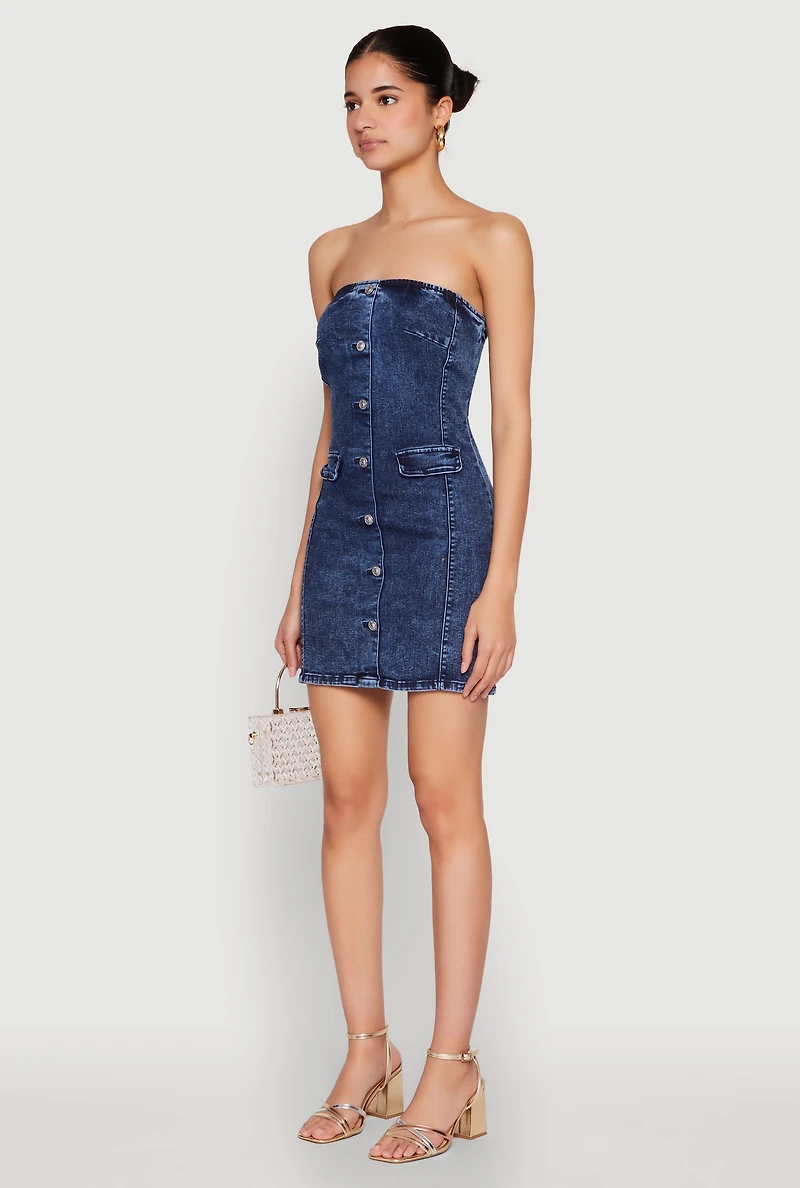 Denim Button Front Strapless Bodycon Dress