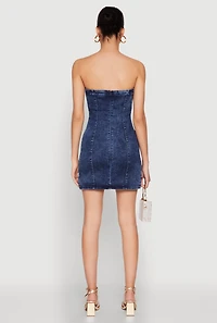 Womens WAX Denim Button Detail Tube Dress, Blue,