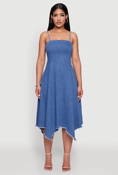 Womens Chic Denim Dress with Square Neck and Frayed Details, Blue, Size XL
