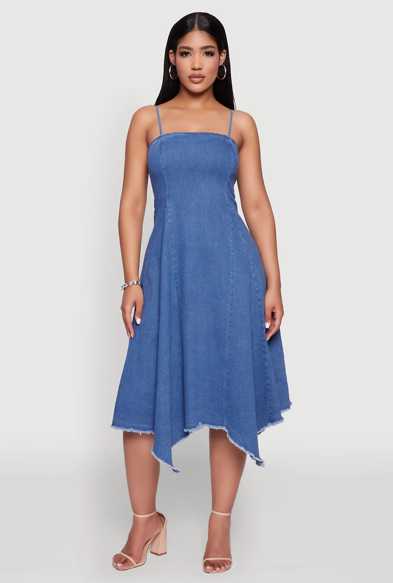 Womens Chic Denim Dress with Square Neck and Frayed Details, Blue, Size XL