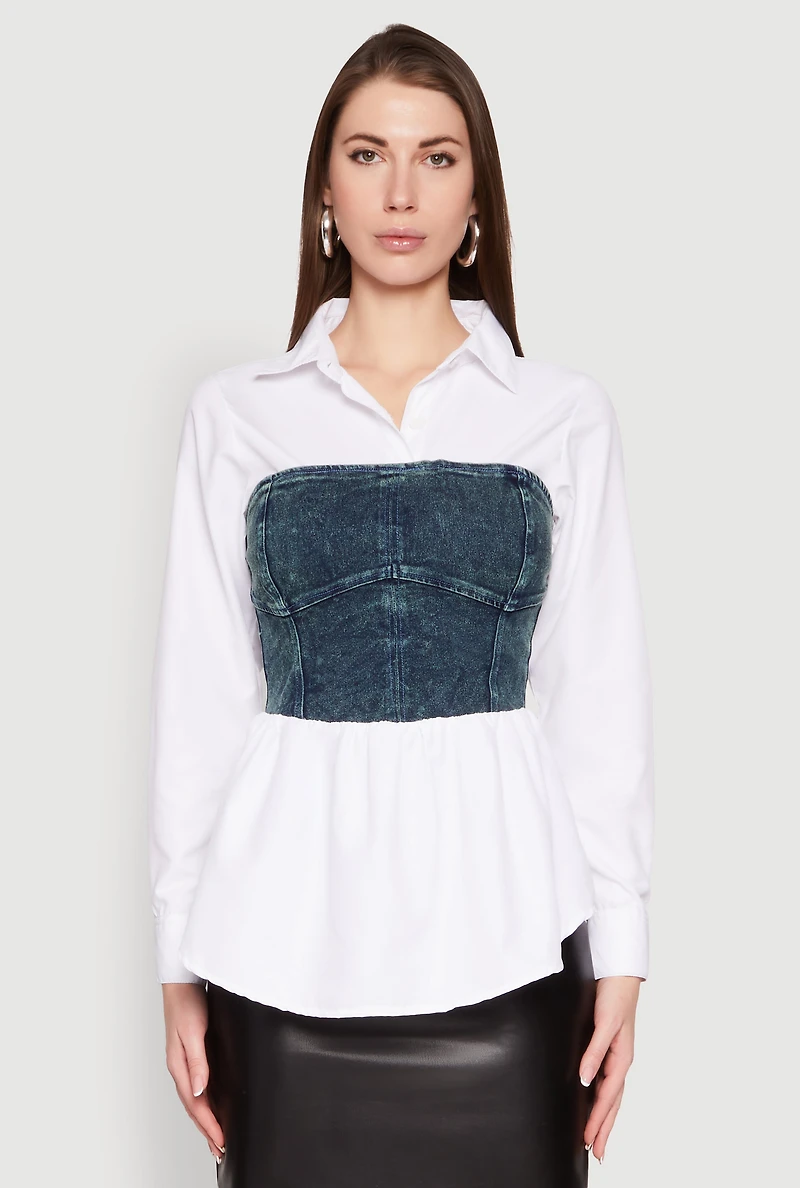 Womens Denim Corset Detail Poplin Shirt, Multi, Size S