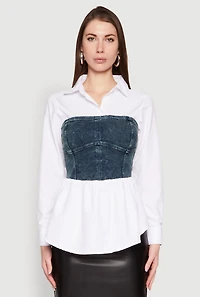 Womens Denim Corset Detail Poplin Shirt, Multi, Size S