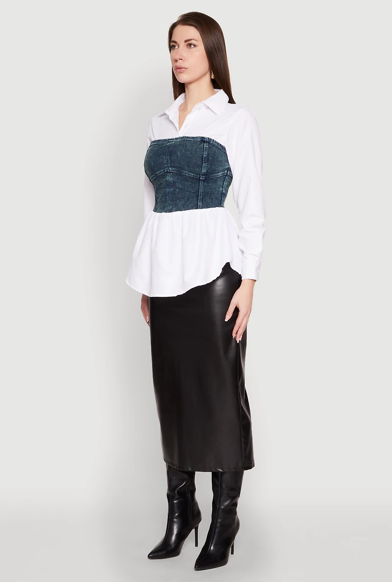 Womens Denim Corset Detail Poplin Shirt, Multi, Size S