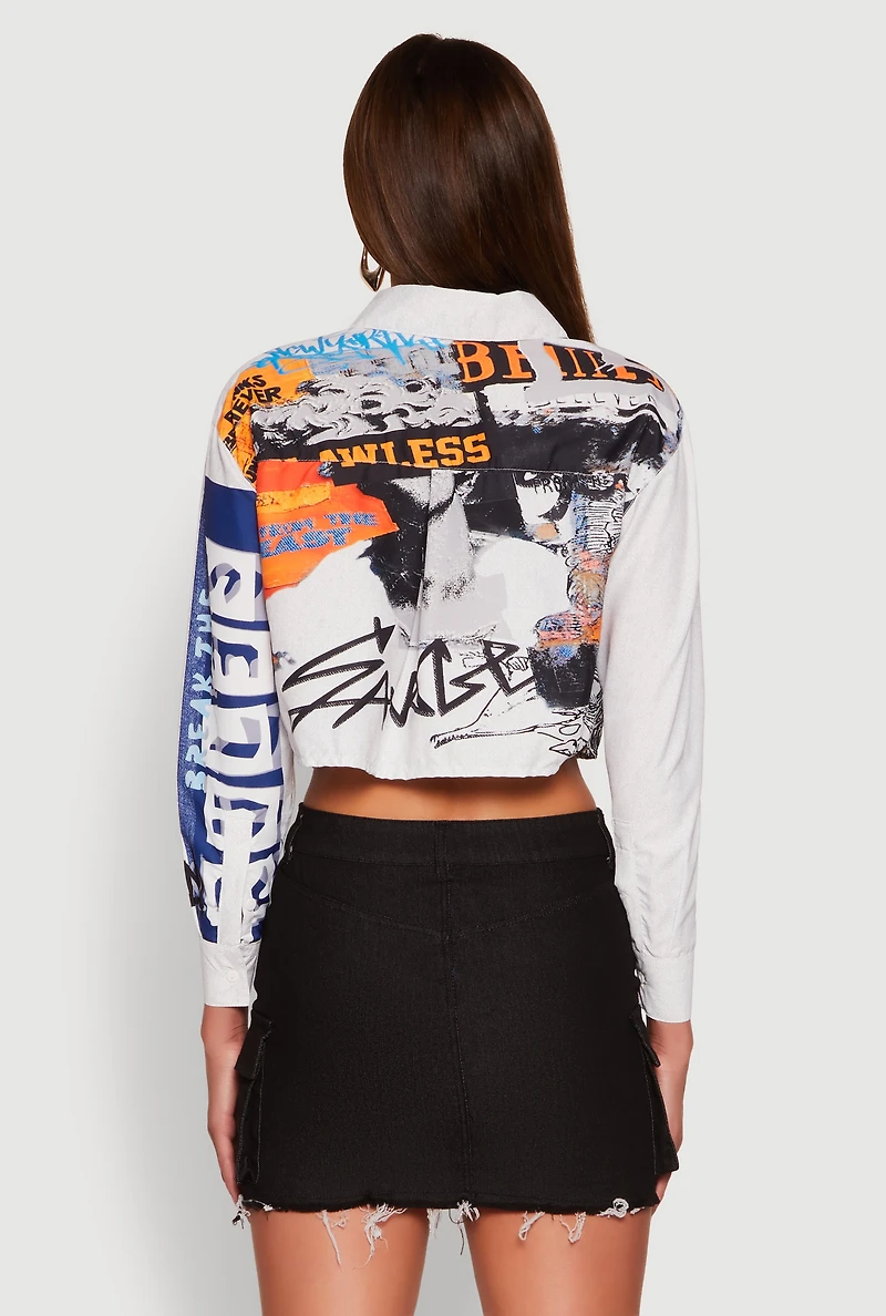 Womens Royalty Graffiti Print Crop Top, Multi, Size M