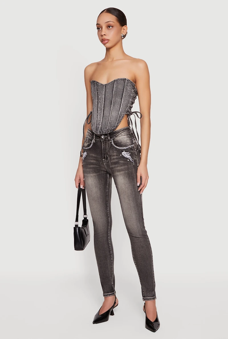 Rhinestone Denim Lace Up Side Cropped Corset Top