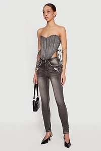 Rhinestone Denim Lace Up Side Cropped Corset Top