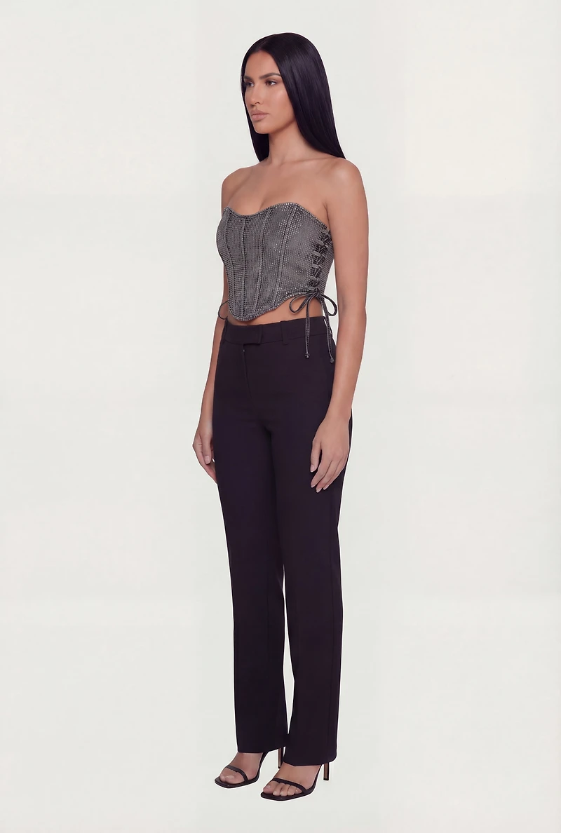 Denim Lace Up Sides Rhinestone Corset Crop Top