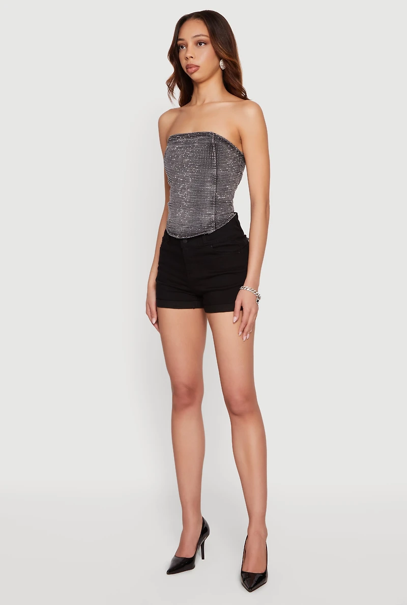 Rhinestone Studded Denim Lace Up Back Cropped Corset Top