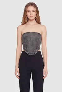 Rhinestone Studded Denim Lace Up Back Cropped Corset