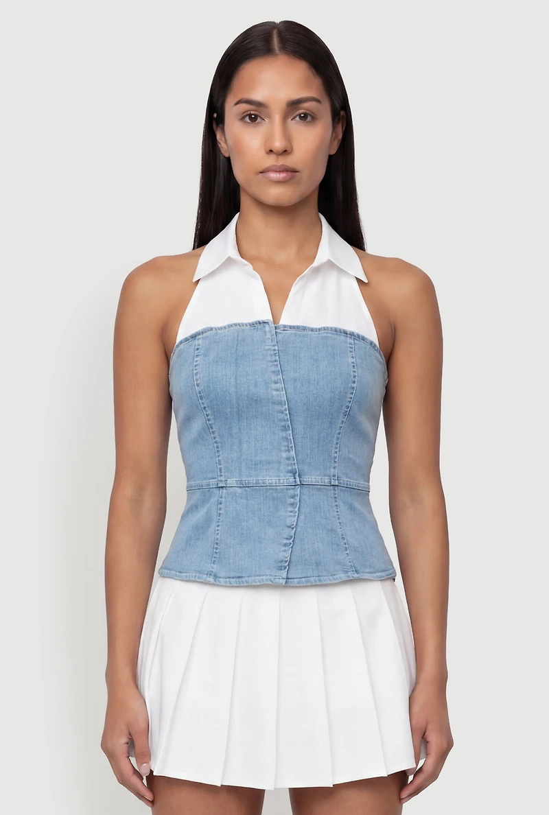 Denim Layered Look Collared Side Zip Top