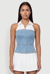 Denim Layered Look Collared Side Zip Top