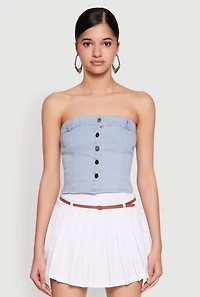 Womens Haute Monde Button Front Denim Tube Top, Blue, Size M